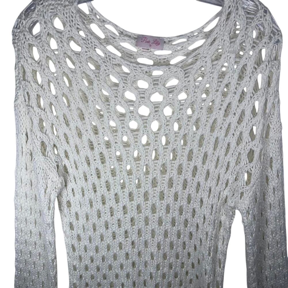 Pink Lily white crochet sweater medium pullover neutral boho beach